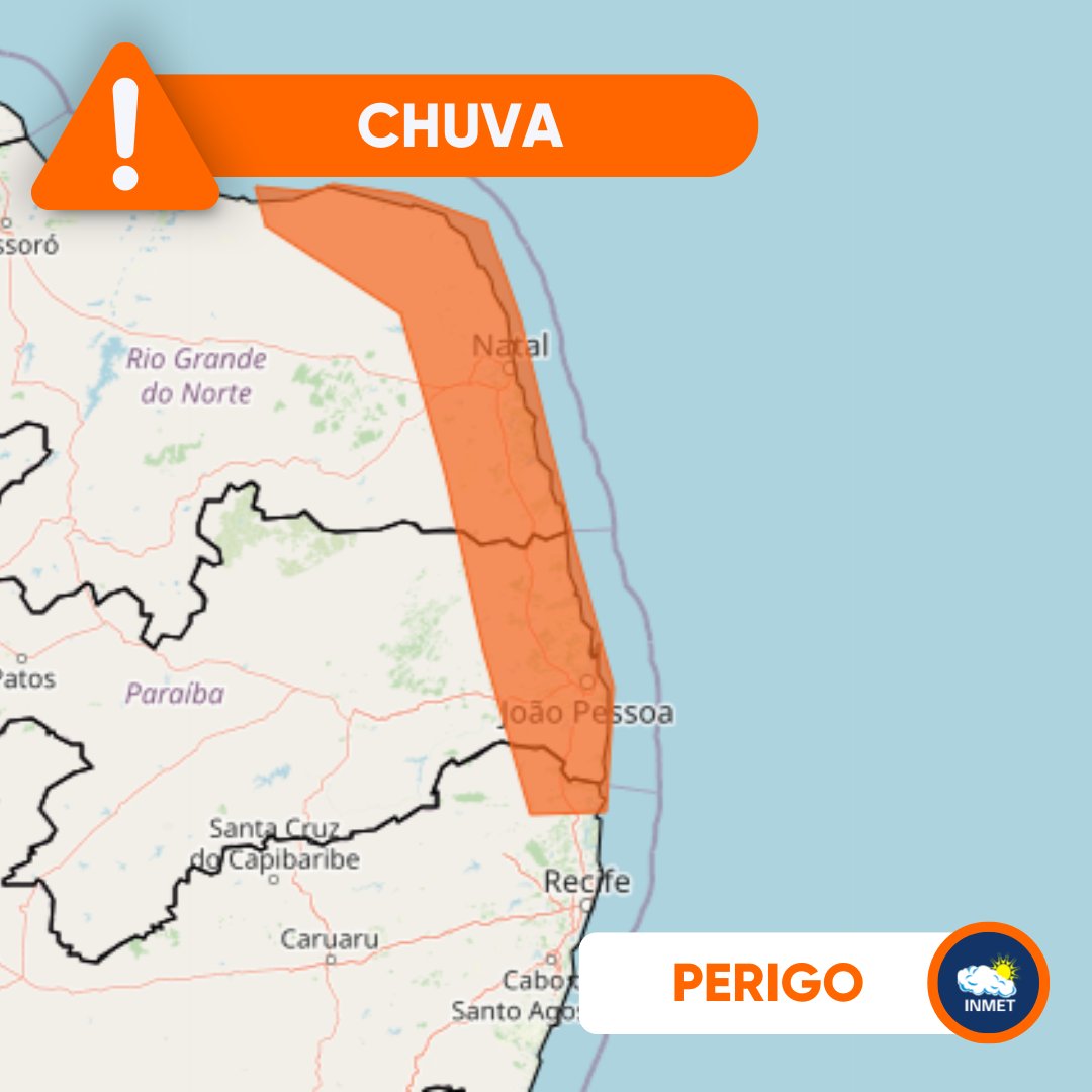 alerta de chuva PE, PB e RN