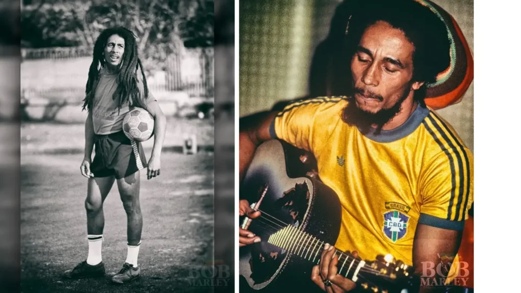 Bob Marley jogando futebol e tocando com a camisa do Brasil