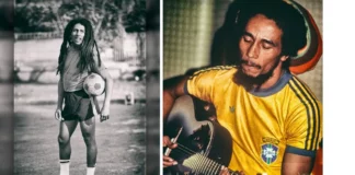 Bob Marley jogando futebol e tocando com a camisa do Brasil