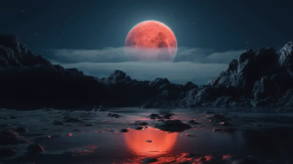 imagem mostra a Lua de Morango surgindo entre rochas com reflexo na água