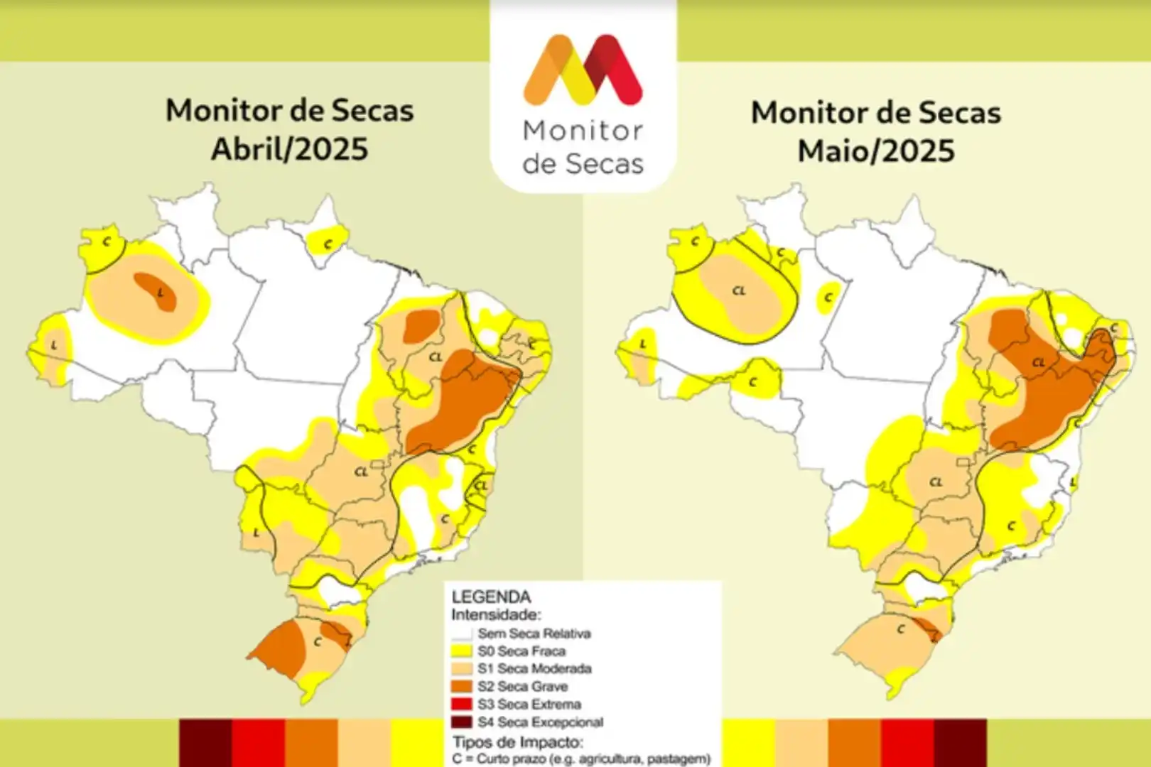 Imagem mostra o mapa do Brasil com áreas atingidas pela seca