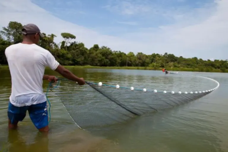 Homem pescando com rede em rio