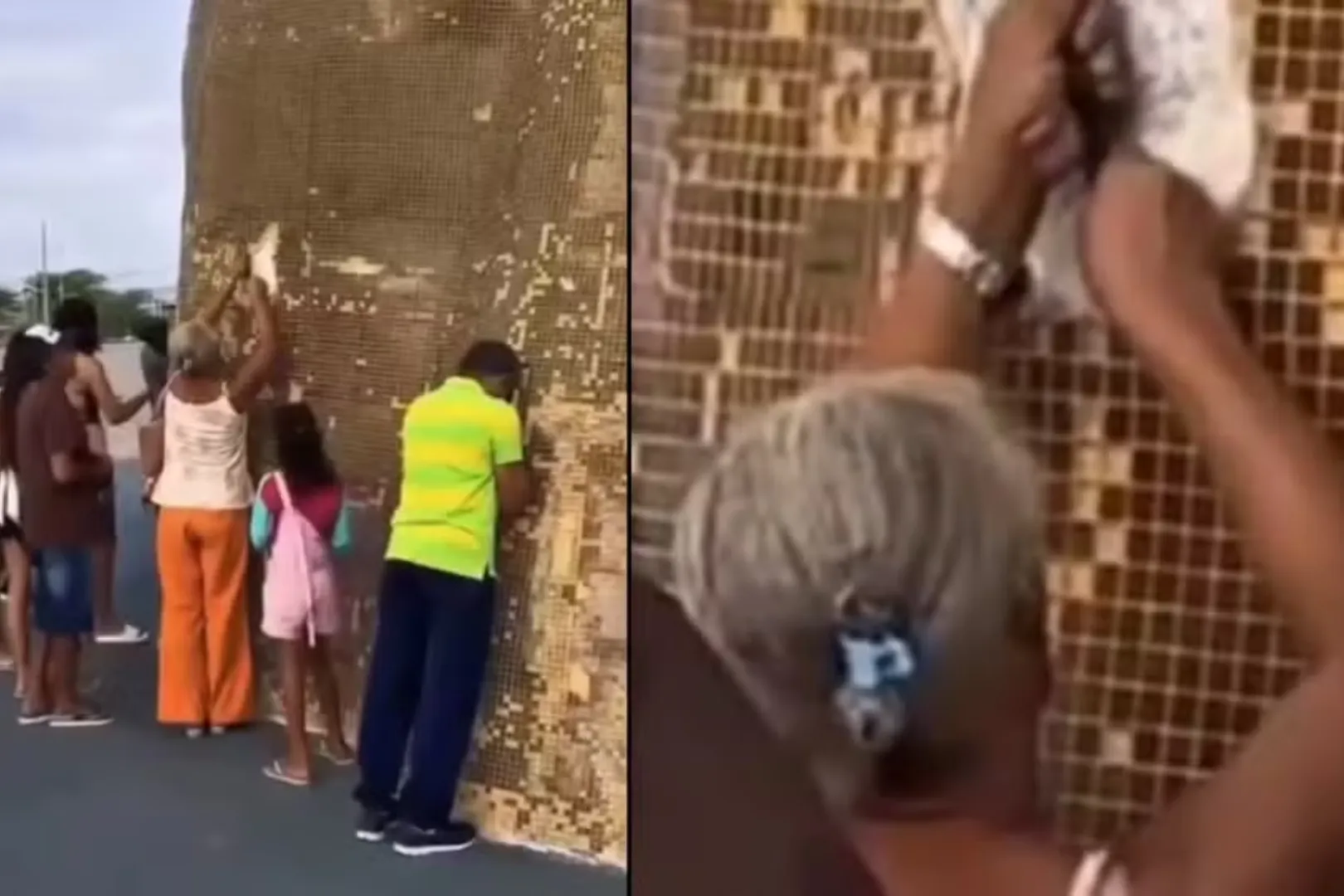 Mulher arrancando ladrilho da estatua em Canindé