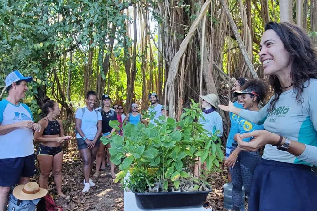 Ação de plantio em projeto de restauração ecológica realizado pela Aguama em parceria com o ICMBio em Fernando de Noronha. Foto Aguama Ambiental