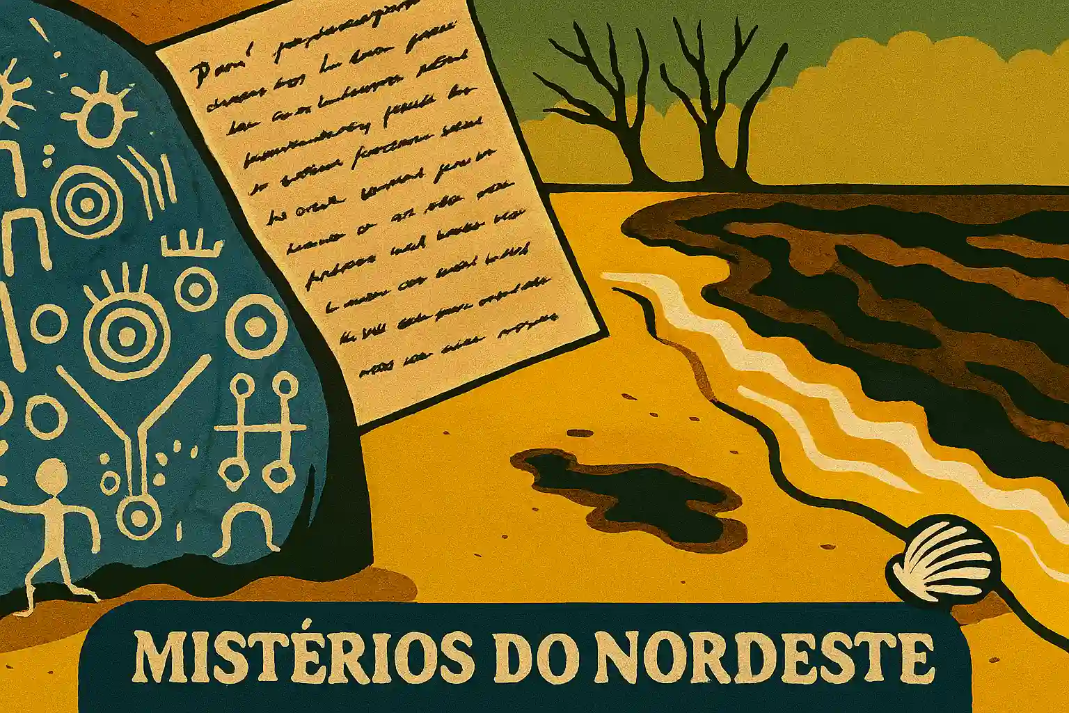 Imagem mostra uma pedra com desenhos, uma carta e uma mancha na areia de uma praia,