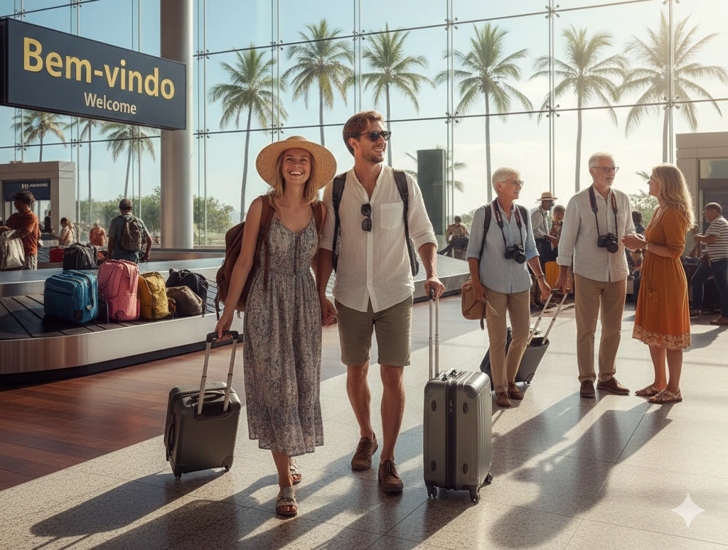 turistas chegando no aeroporto foto IA