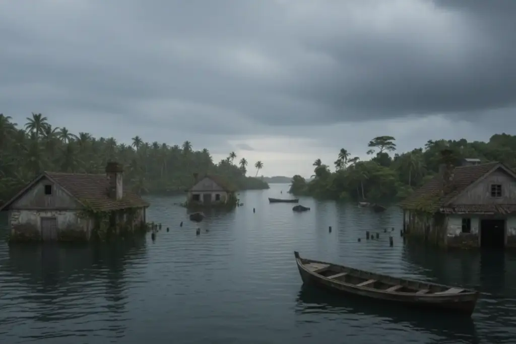 Casas alagadas. Imagem gerada por IA