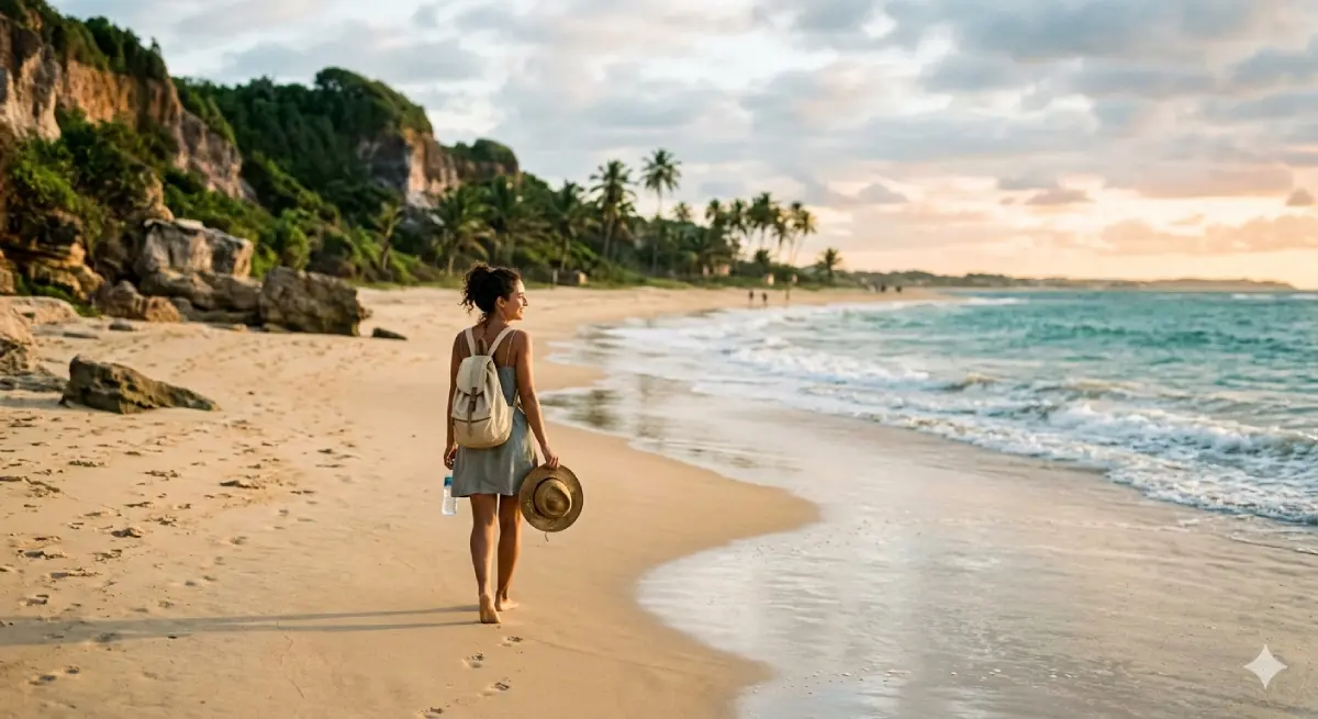Mulher em praia imagem IA