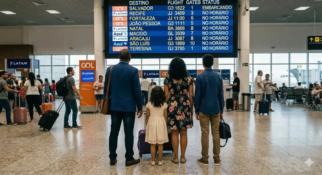 familia olhando painel no aeroporto