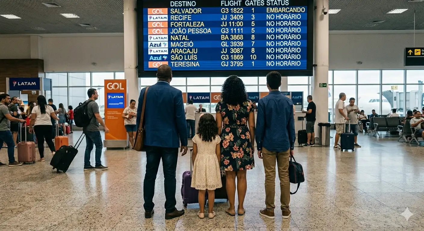 familia olhando painel no aeroporto