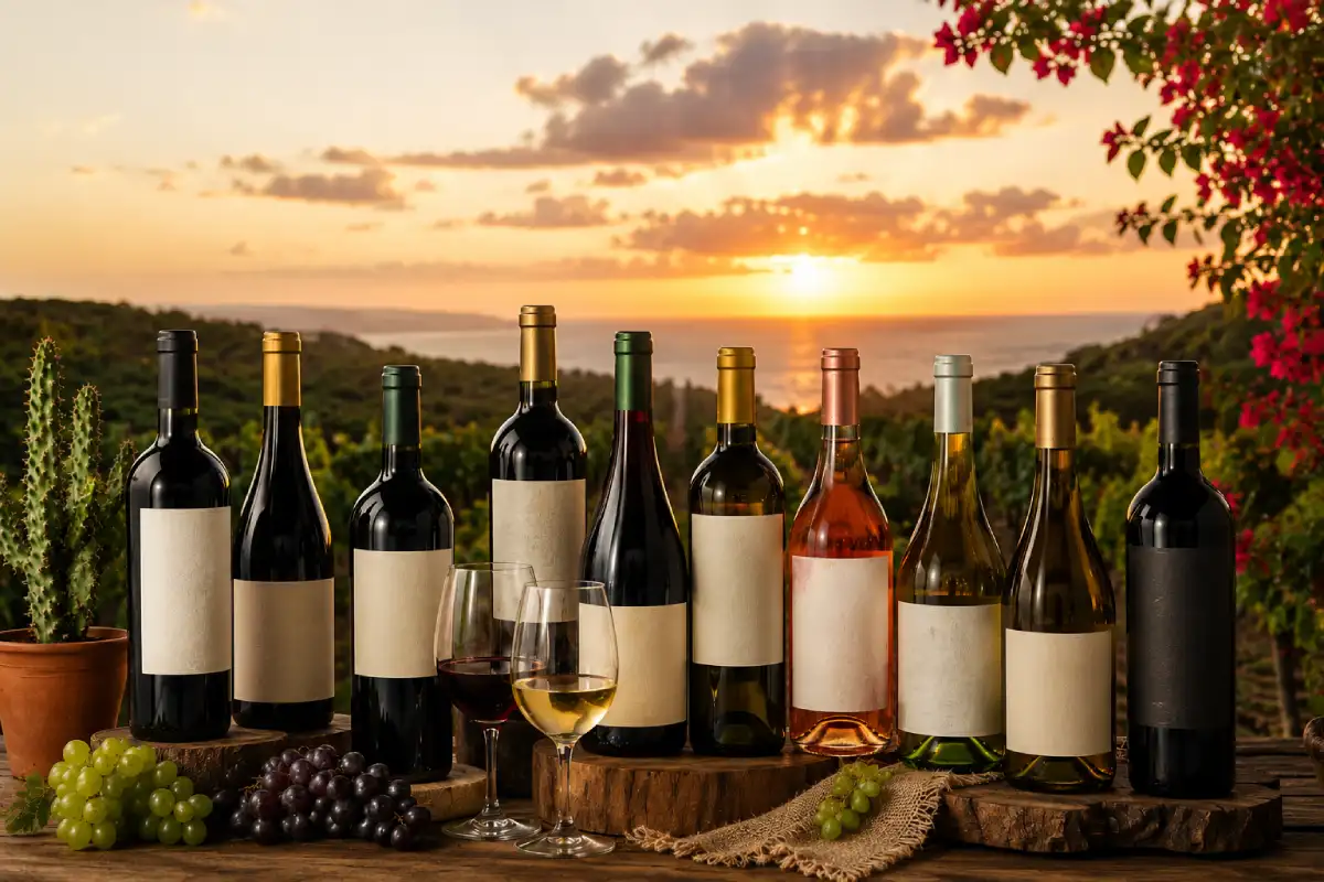 garrafas de vinho com rio atras no horizonte