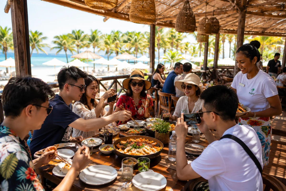 turists chineses em restaurante IA