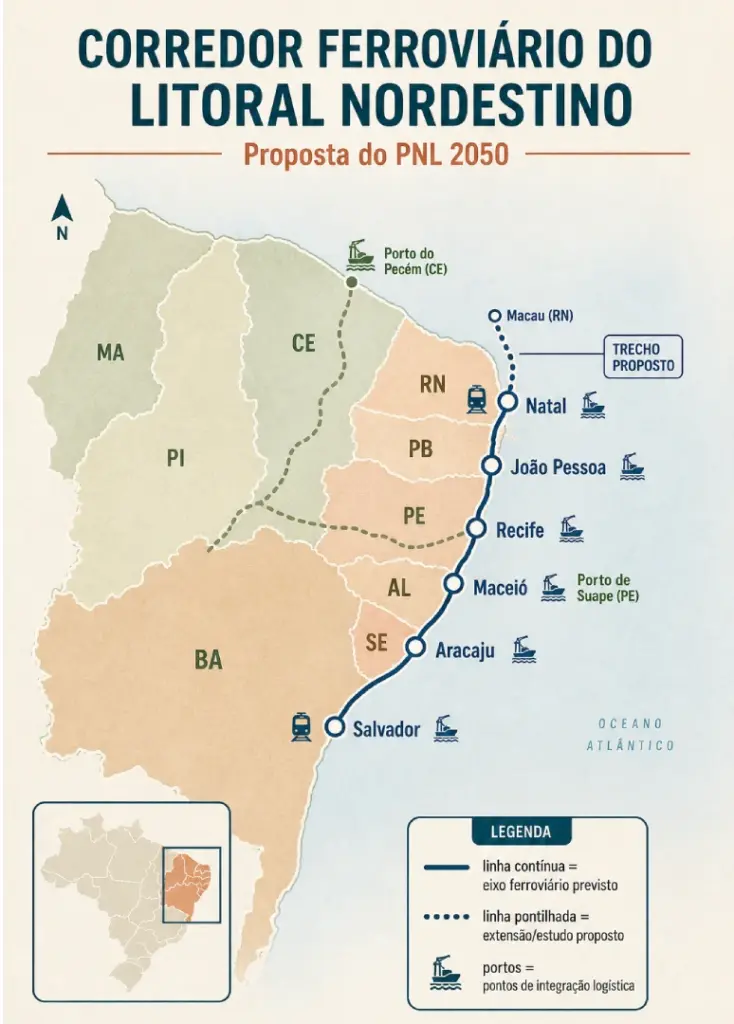 Corredor ferroviário pelo litoral do Nordeste. Imagem ilustrativa de IA