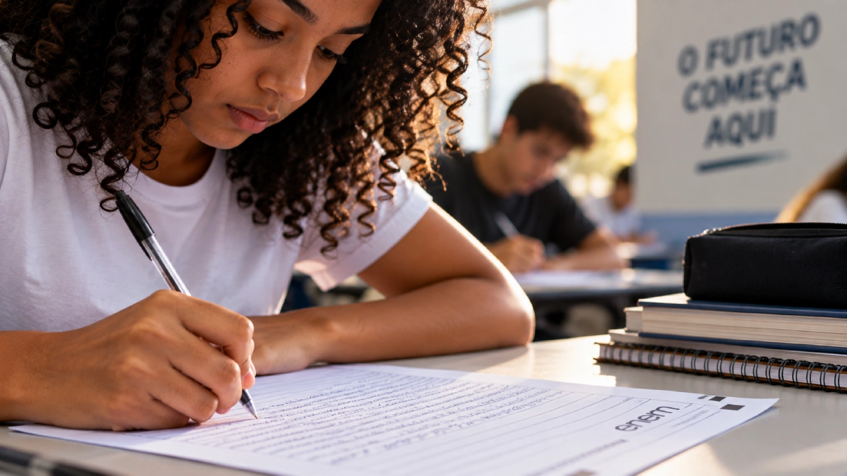 estudante do nordeste fazendo redaçao montagem IA