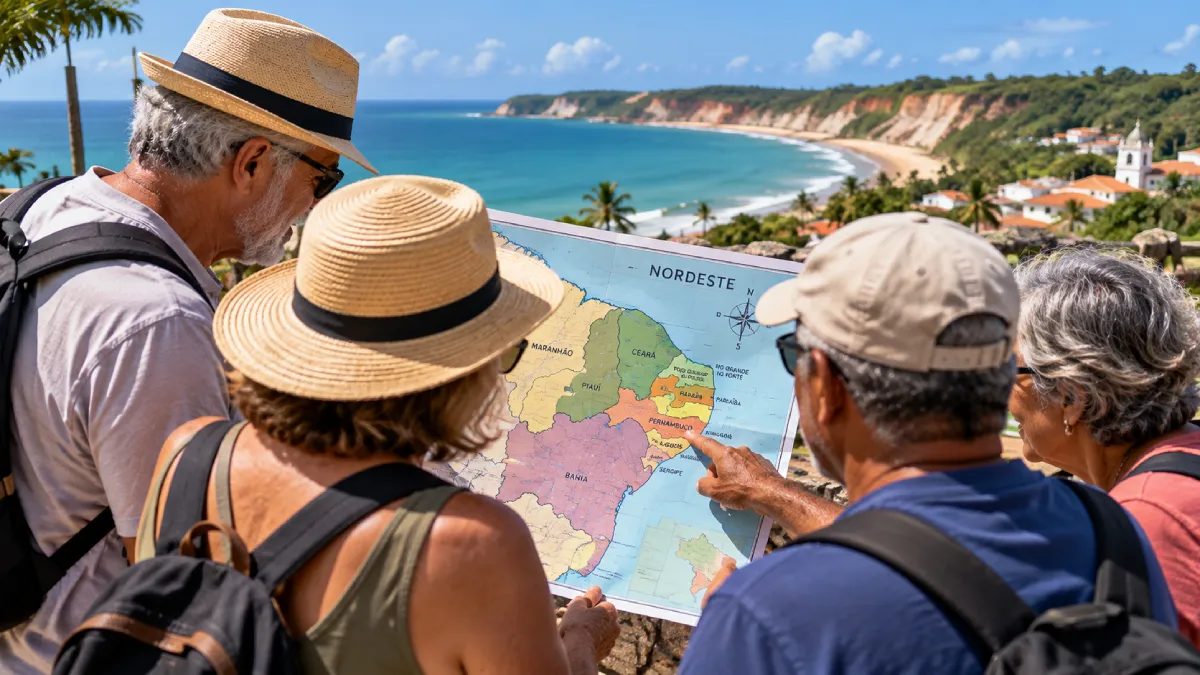 turistas 50+ pelo nordeste montagem IA