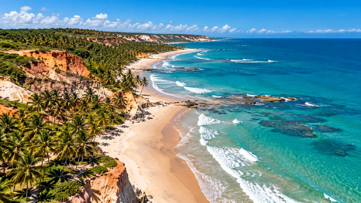 Vista aérea de praia do litoral da Bahia com coqueirais, areia clara e mar azul.
