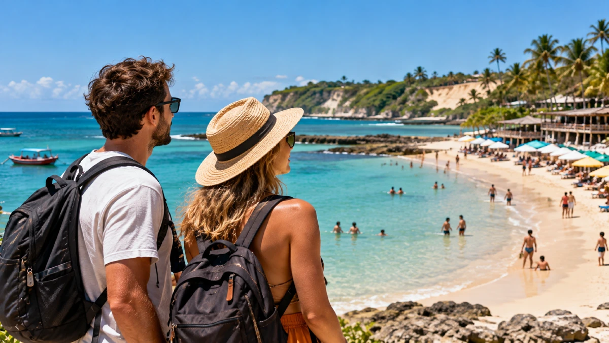 Turistas contemplando praia montagem IA NE9