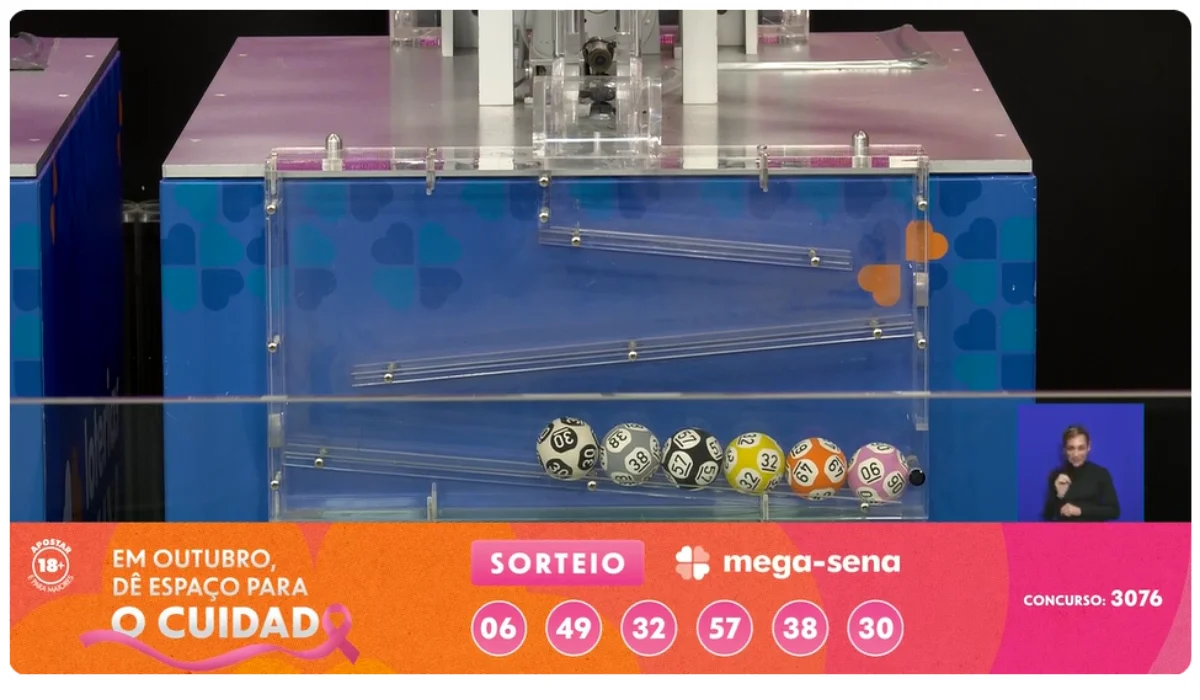 Volante e bolas numeradas da Mega-Sena para o sorteio do concurso 3076.