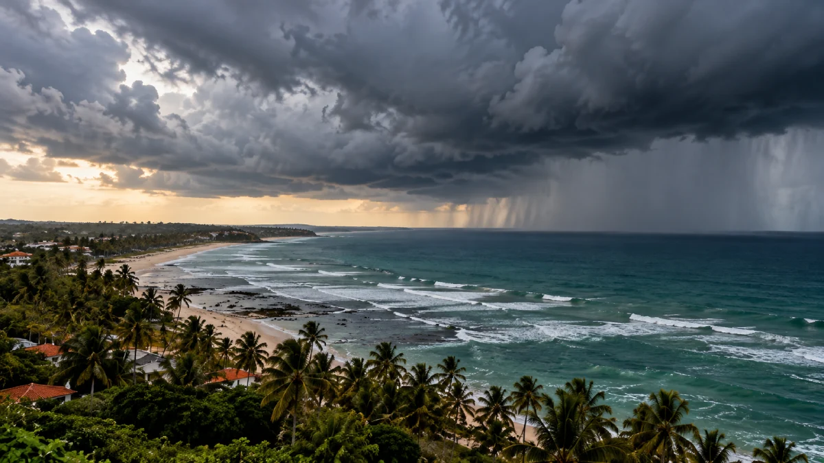 Nuvens carregadas sobre o litoral da Bahia durante previsão de chuva no Nordeste.